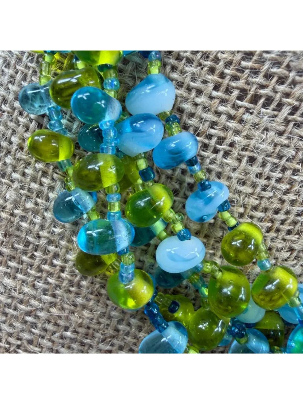 Multistrand Blue & Green Glass Beaded Necklace - Statement Piece Women Vintage